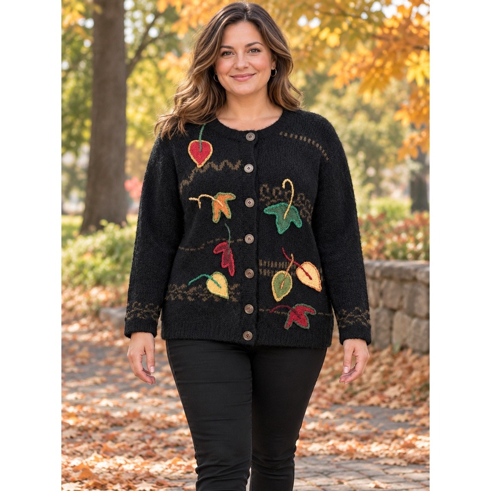 Susan Bristol Vintage 1997 Mohair Wool Hand Embroidered Leaf Cardigan Black L
